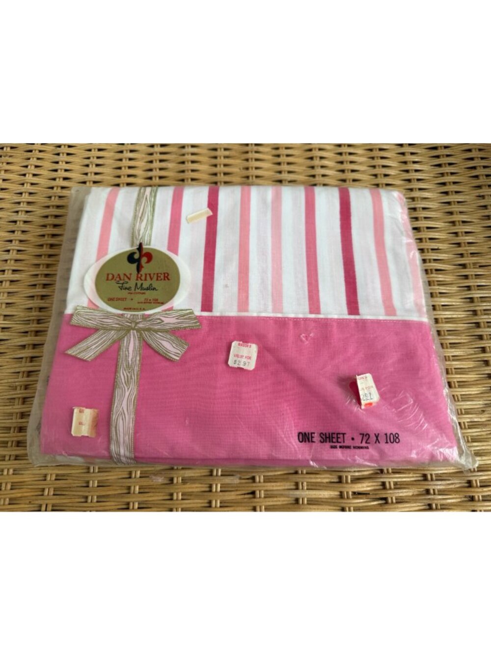 Vintage 60s Dan River Cotton Flat Sheet Pink Stripe Twin NOS - Picture 6 of 9